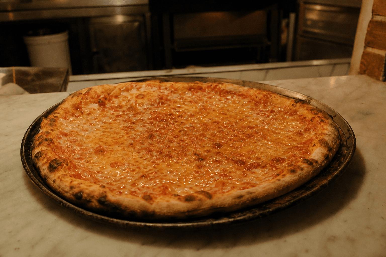A plain cheese pie on a dark steel pan